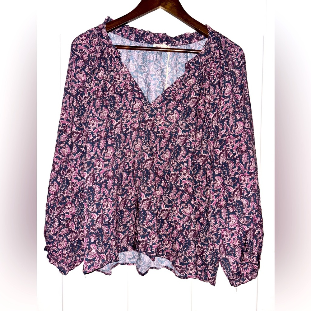 Faherty Portia Fiona Block Print V-Neck Long Sleeve Blouse Women XL NEW Dainty